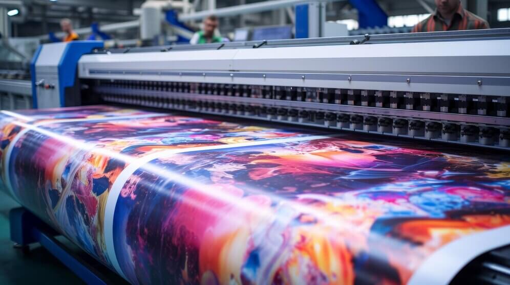 A large format printer finishes a colorful roll of paper, demonstrating Ecker Textiles’ products and their ability to capture vibrant colors.