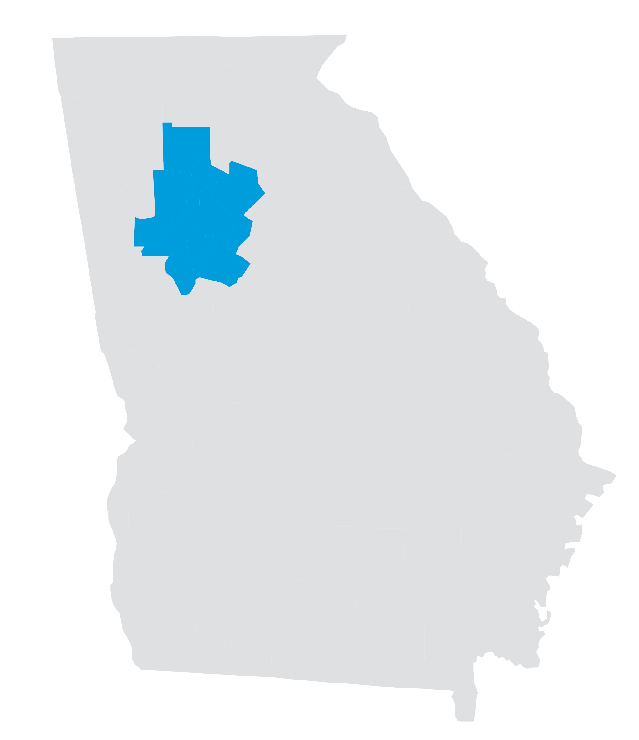 Metro Atlanta, aka Region 3 is highlighted in blue in the north west corner of Atlanta