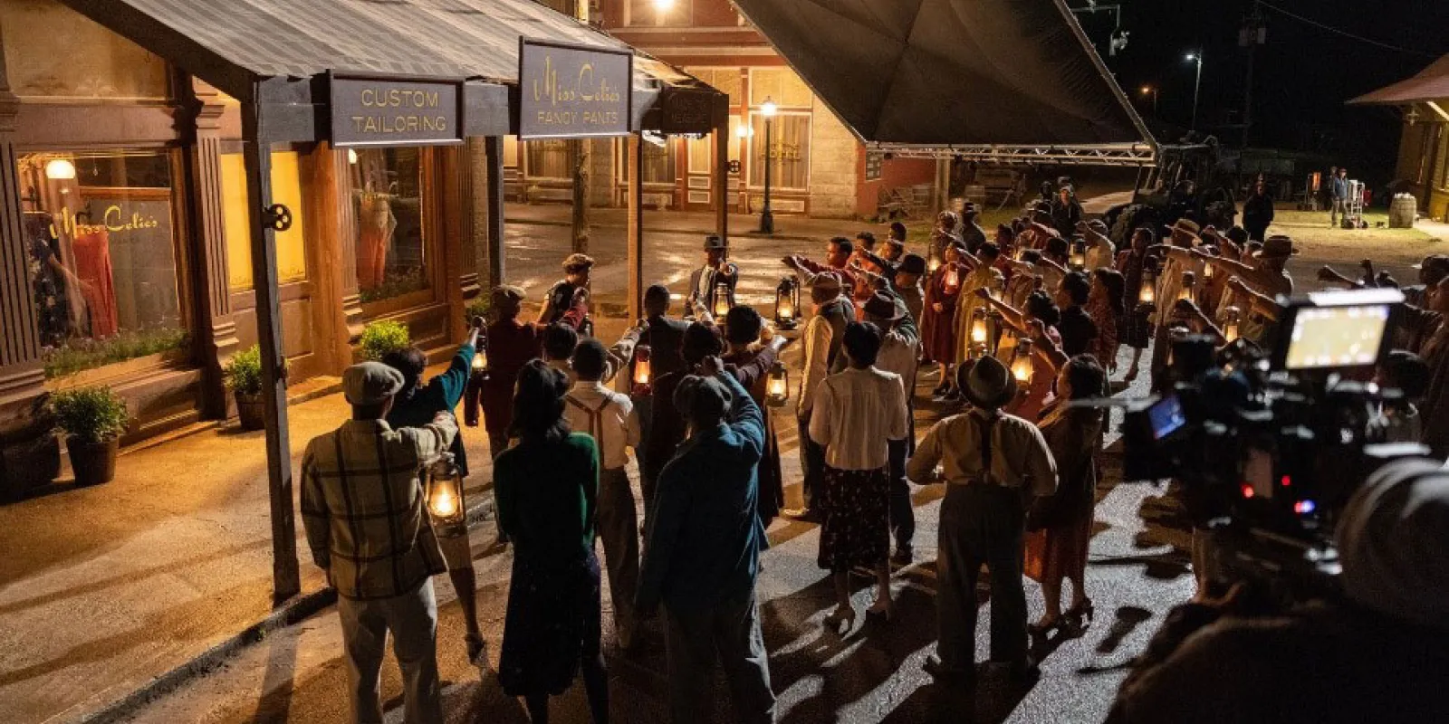 Filming a nighttime scene for "The Color Purple"