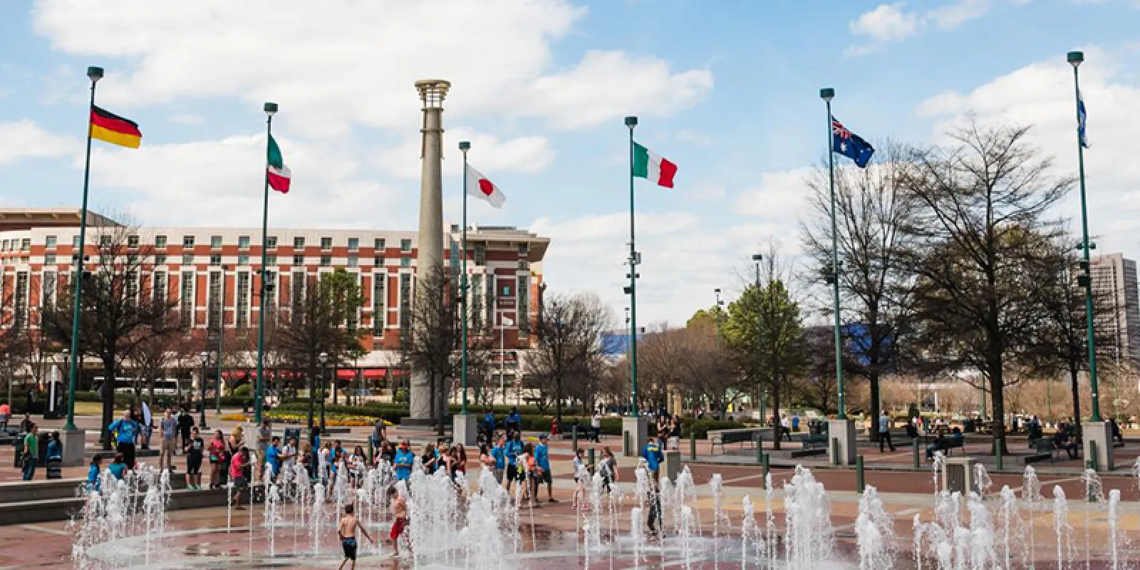water fountain with international flags surrounding