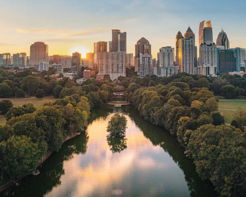 Sunset over the Atlanta skyline. View from Piedmont Park