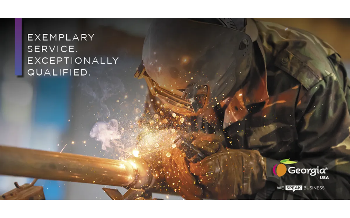 Military personnel welding a pipe with words overlaid: Exemplary Service. Exceptionally Qualified.