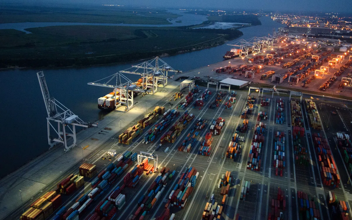 Nighttime aerial view of a port