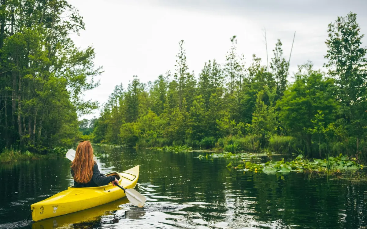 Woman paddling in a yellow kayak in the Okefenokee National Wildlife Refuge