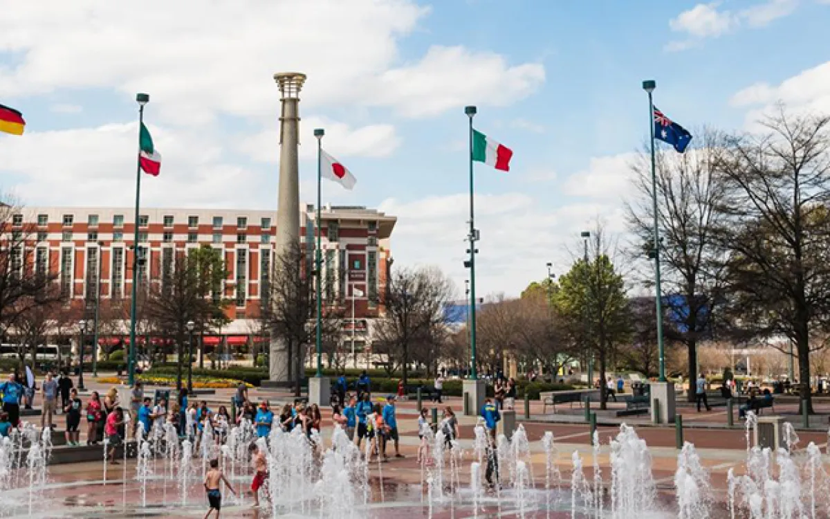 water fountain with international flags surrounding
