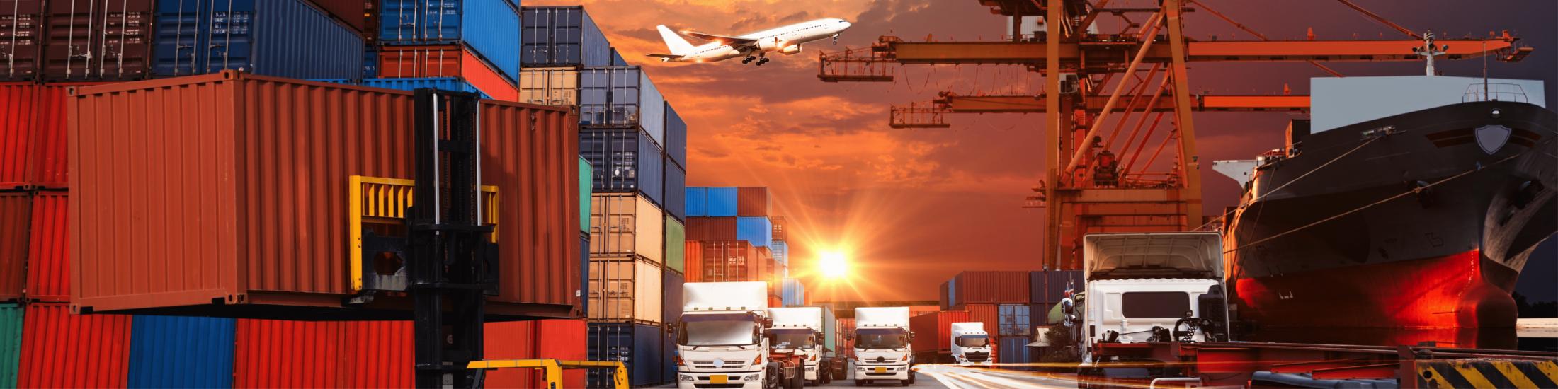 Shipping containers, delivery trucks, airplane, and shipping boat with orange dusk/dawn sky