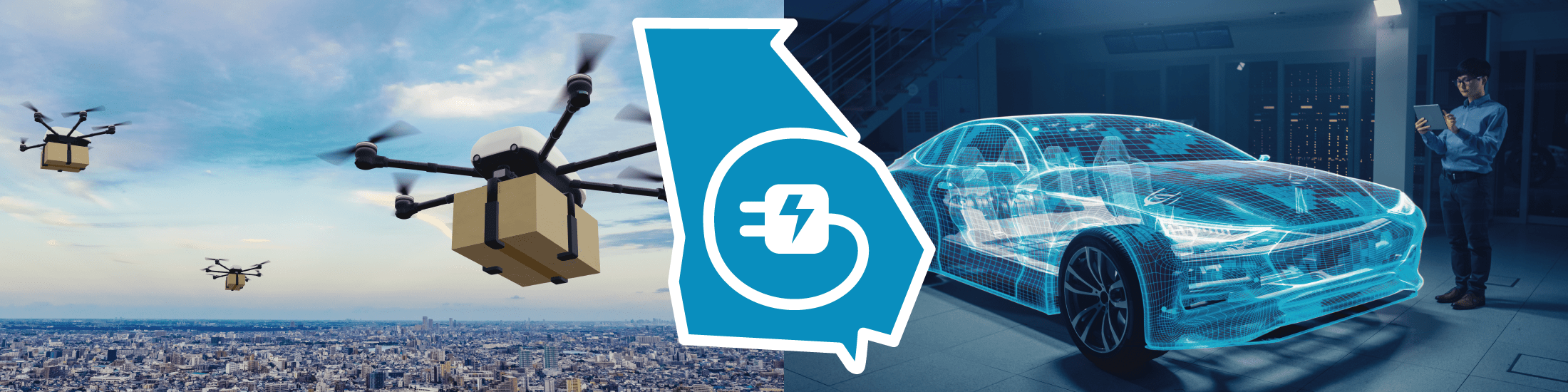 flying drone and electric vehicle over georgia outline with car charger plug
