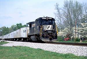 A train travels down tracks