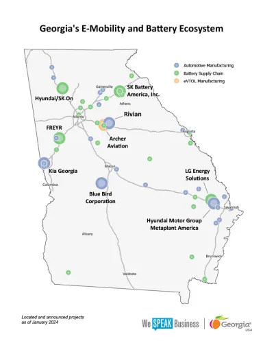 Map of Georgia's E-Mobility and Battery Ecosystem