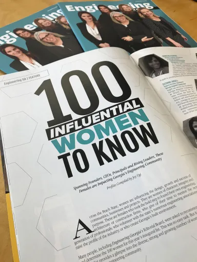 An engineering magazine opened to an article titled, "100 Influential Women to Know"