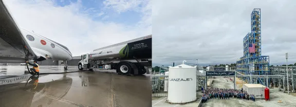 Composite image of two photos: Gulfstream airplane refueling on left and LanzaJet's Freedom Pines facility on right
